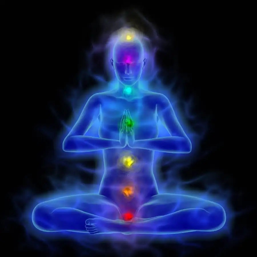 < img src= “chakras2.jpg“ Alt=”Image depicting colorful chakras aligned along the spine, symbolizing the energy centers of the body, with an abstract representation of the coiled kundalini energy rising through the chakras."